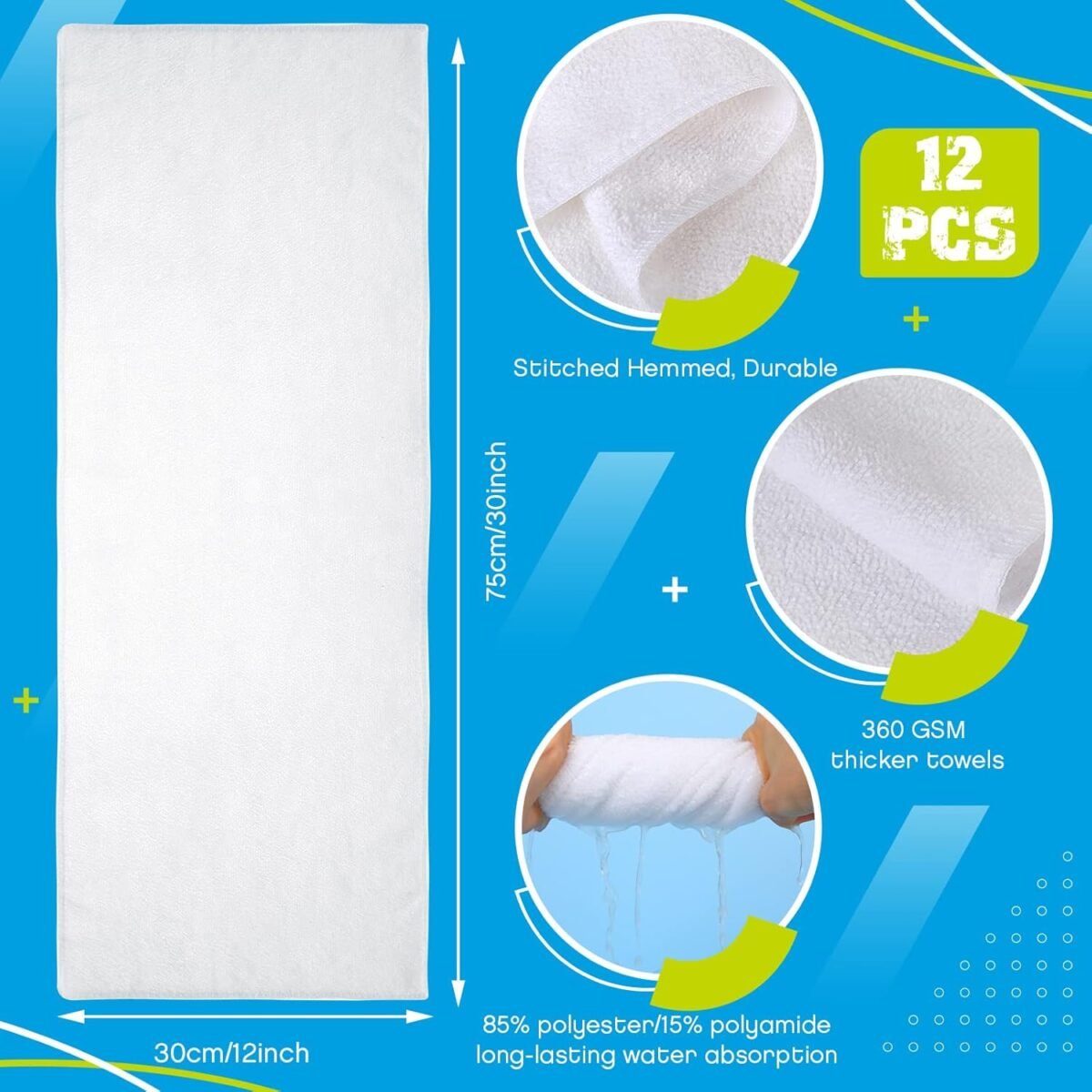 12 Pcs Microfiber Gym Towels, 360 GSM 12 x 30 Inch Gentle and Fast Drying Absorbent Towels for Men Women Yoga Travel Sports(White) - Image 2