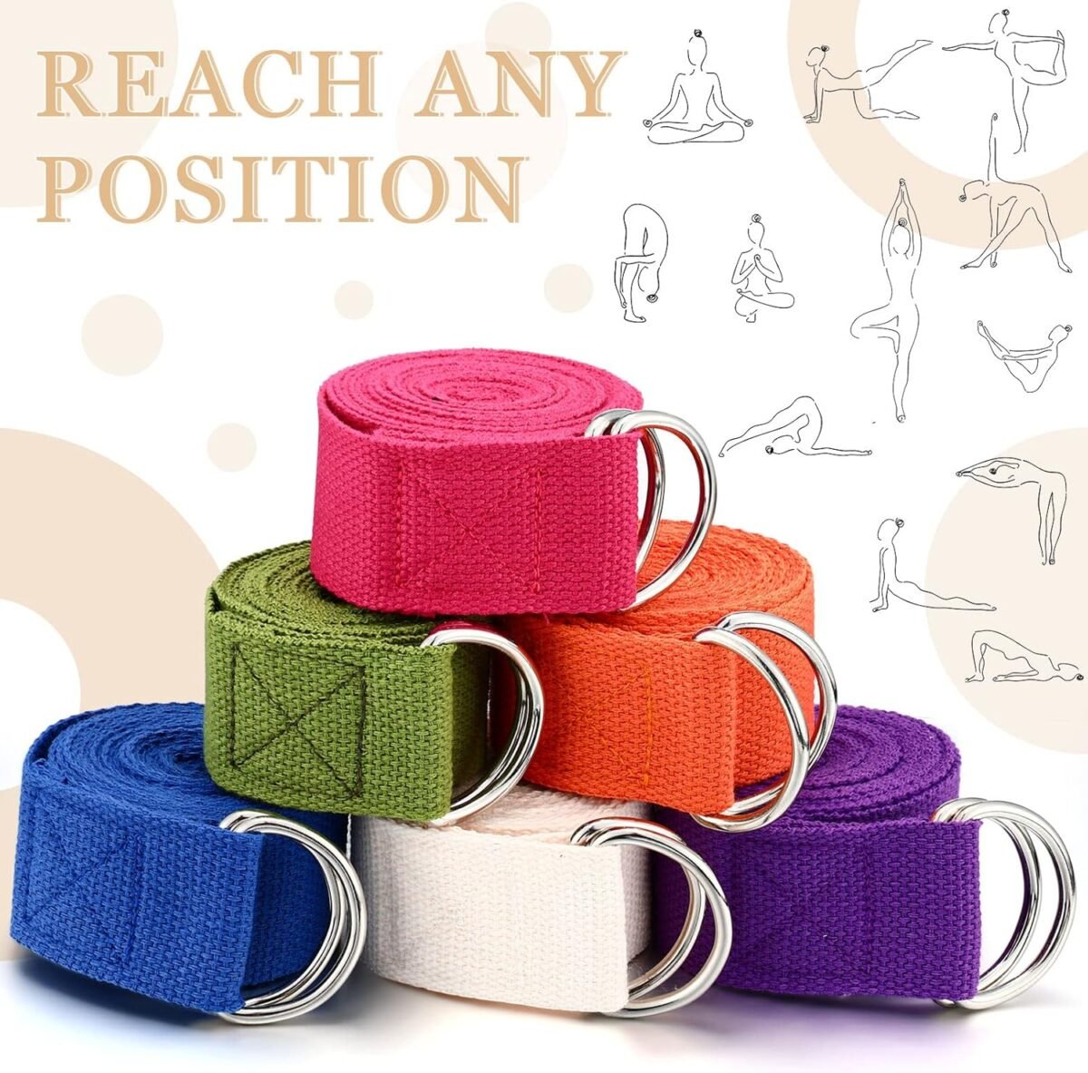 6 Pcs Yoga Strap for Stretching 8 Ft Yoga Exercise Adjustable Straps Bands with Safe Adjustable D Ring Buckle for Pilates Gym Workouts Fitness Improves Sitting Posture - Image 2