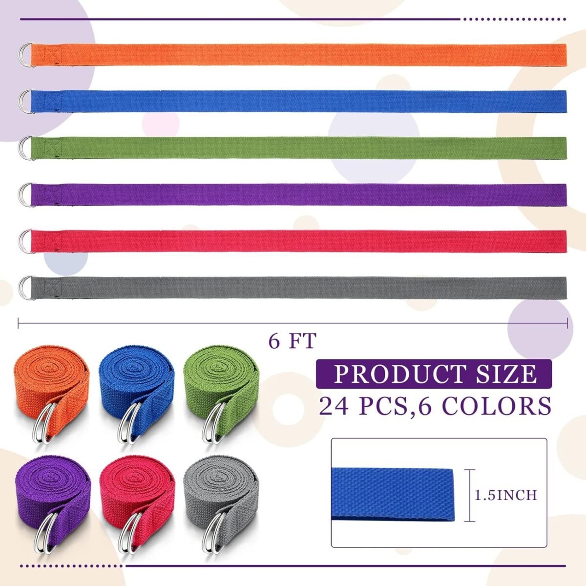 24 Pieces Yoga Strap Stretching Pilates Exercise Adjustable Straps 6 ft Non Elastic Yoga Belt with Adjustable D Ring Buckle for Pilates Gym Workouts Fitness - Image 2